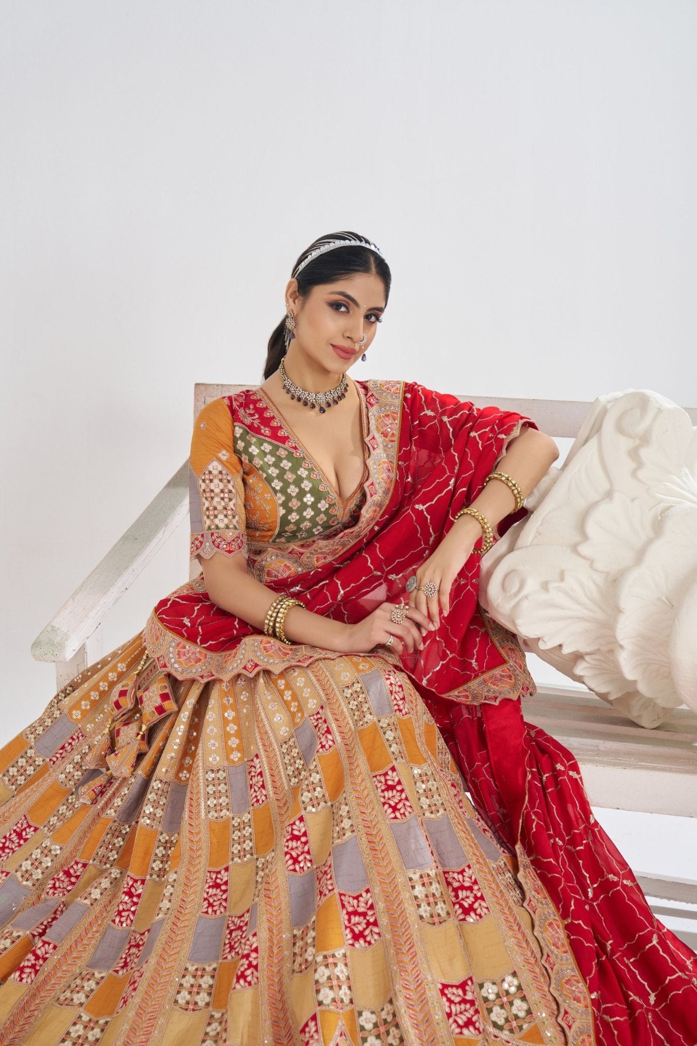 Mustard Yellow Multi - Panel Embroidered Lehenga Choli with Red Dupatta - Mangaldeep NX