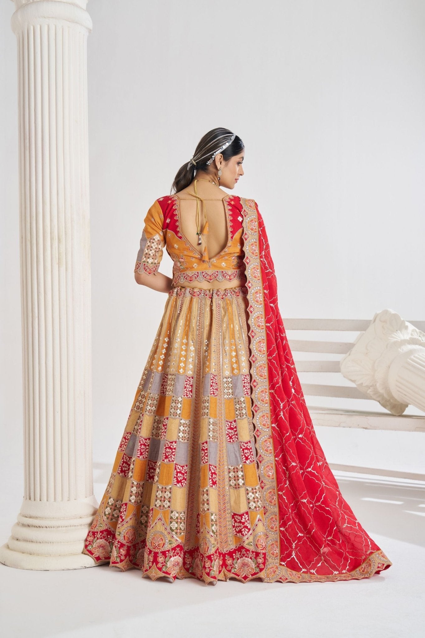 Mustard Yellow Multi - Panel Embroidered Lehenga Choli with Red Dupatta - Mangaldeep NX
