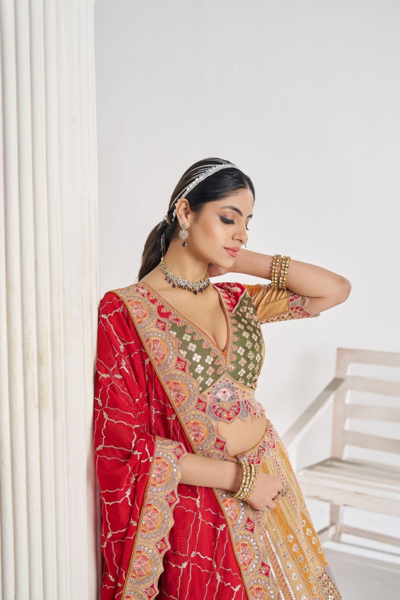 Mustard Yellow Multi - Panel Embroidered Lehenga Choli with Red Dupatta - Mangaldeep NX