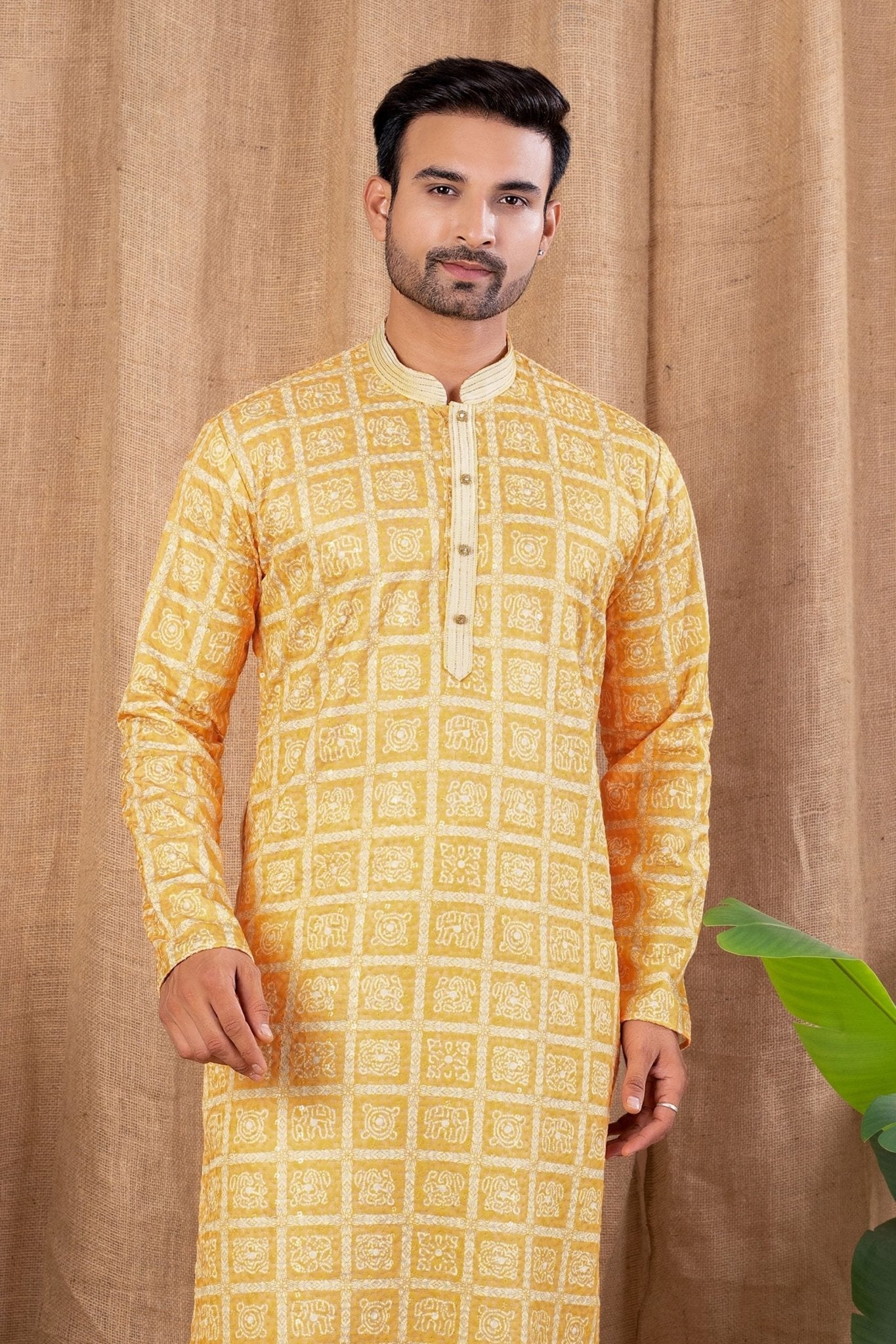 Mustard Yellow Printed Art Silk Kurta for Men with Beige Pyjama - Mangaldeep NX
