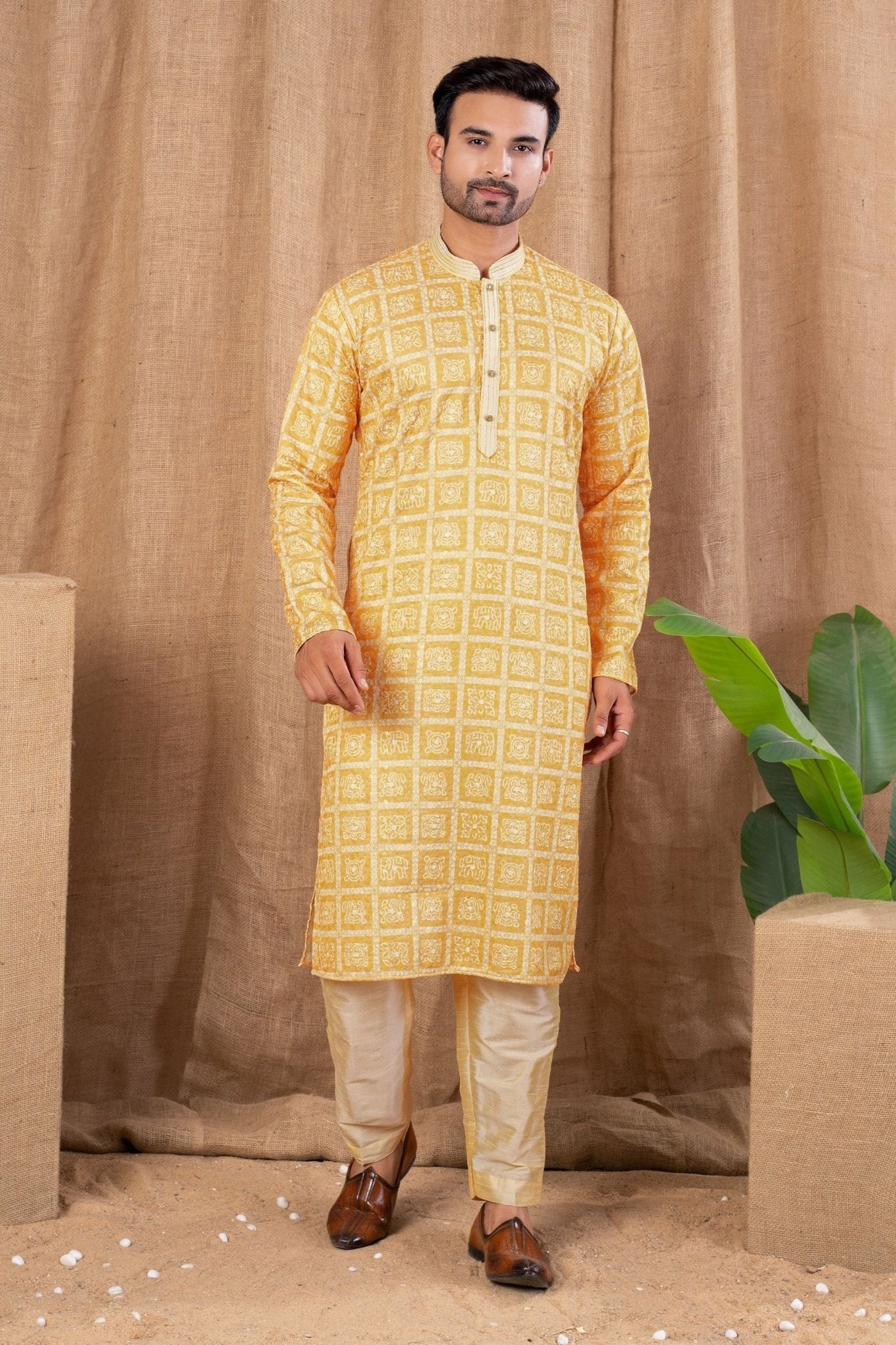 Mustard Yellow Printed Art Silk Kurta for Men with Beige Pyjama - Mangaldeep NX