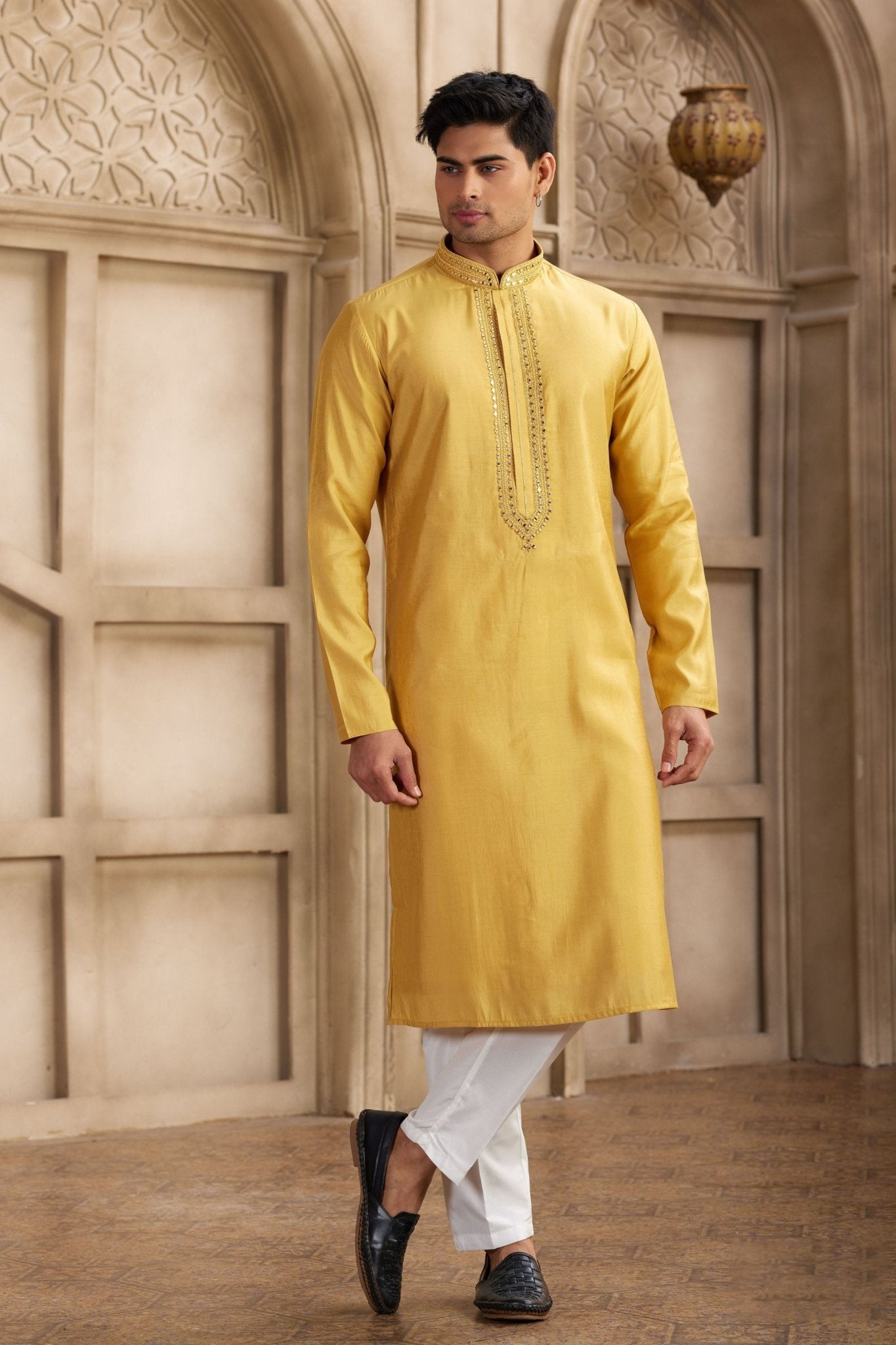 Mustard Yellow Silk Kurta Pyjama Set for Men with Mirror Embellished Placket - Mangaldeep NX