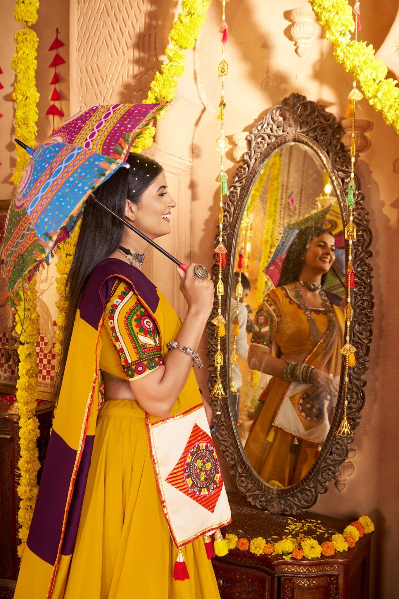 Mustard Yellow Traditional Garba Lehenga Choli Set with Multicolor Mirror Work for Navratri - Mangaldeep NX