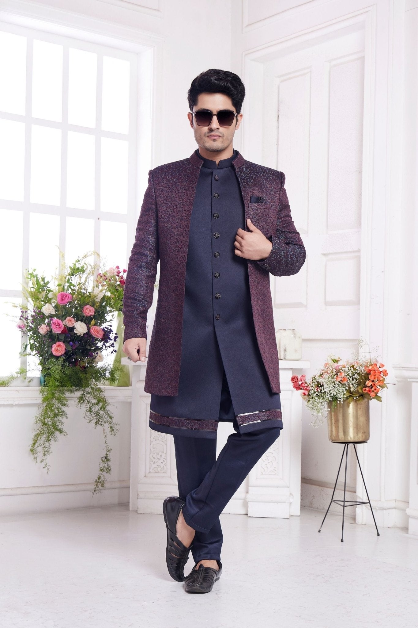 Navy Blue and Maroon Indo - Western Suit with Embroidered Maroon Jacket - Mangaldeep NX