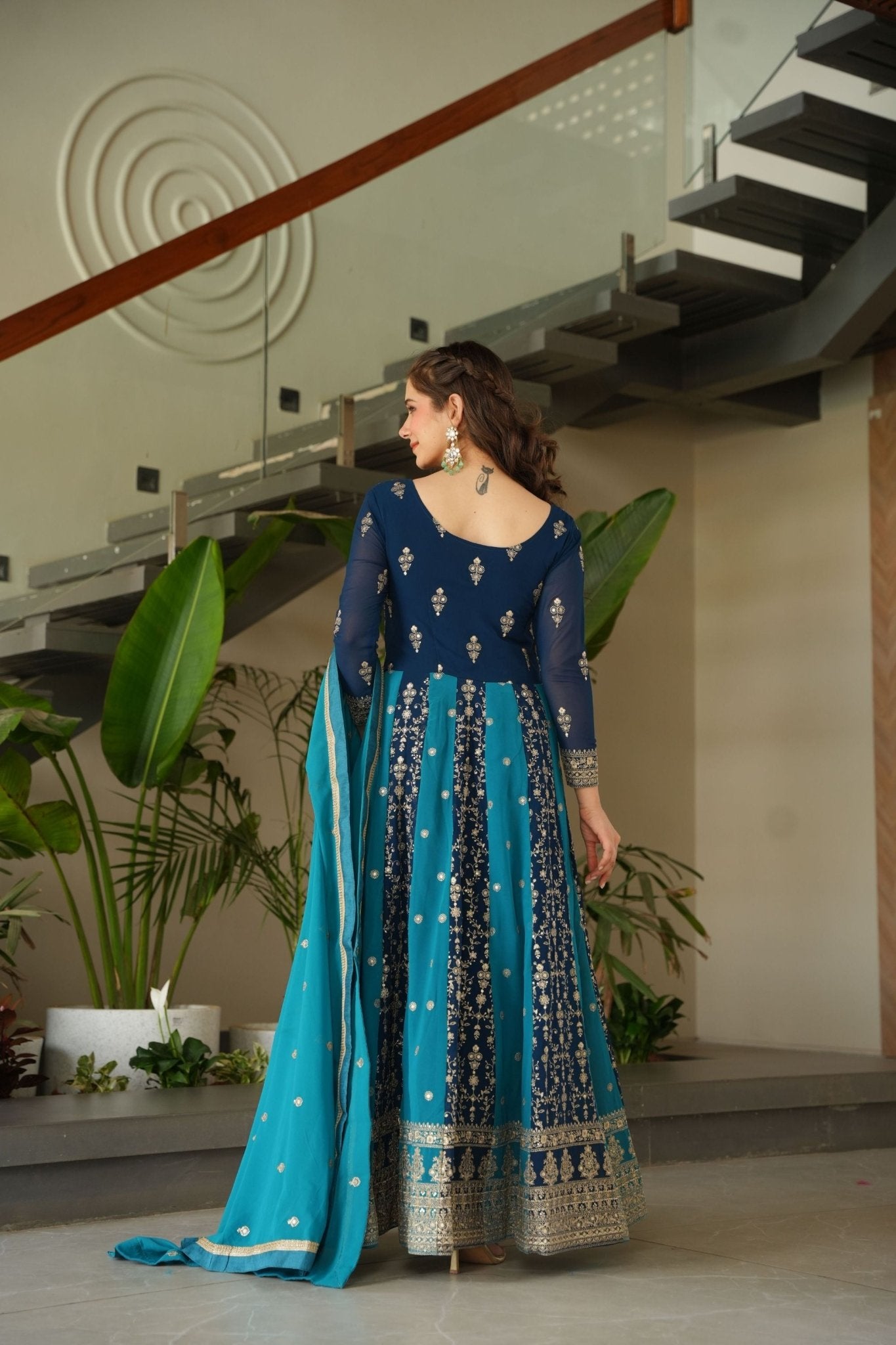Navy Blue and Teal Embroidered Anarkali Suit with Dupatta For Festival - Mangaldeep NX