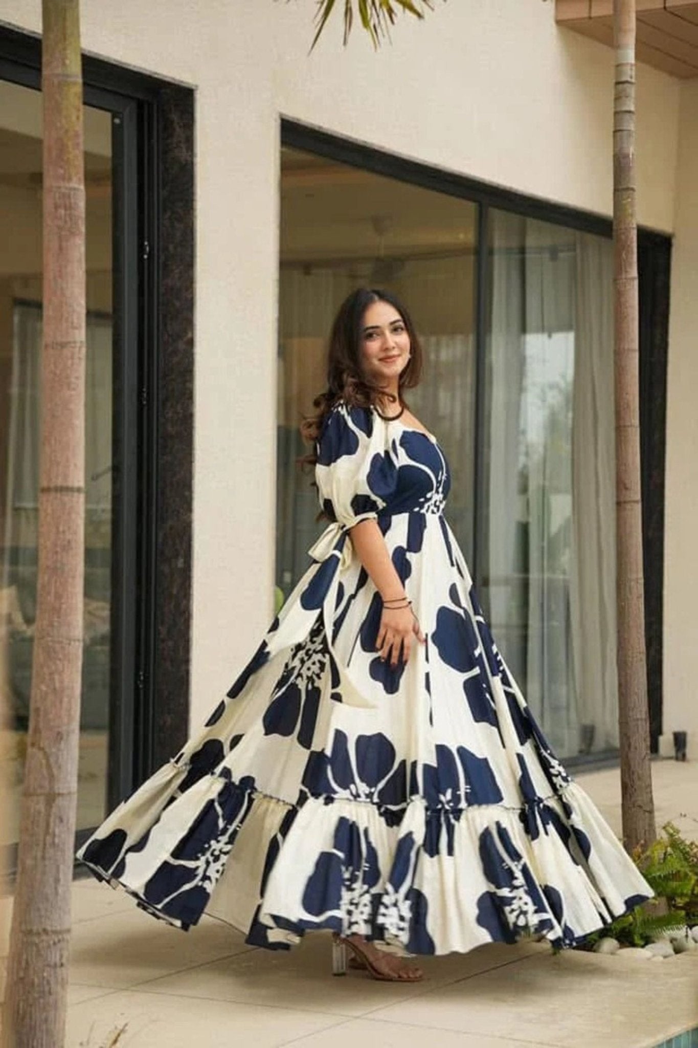 Navy Blue and White Floral Floor Length Kurti with Puff Sleeves - Mangaldeep NX