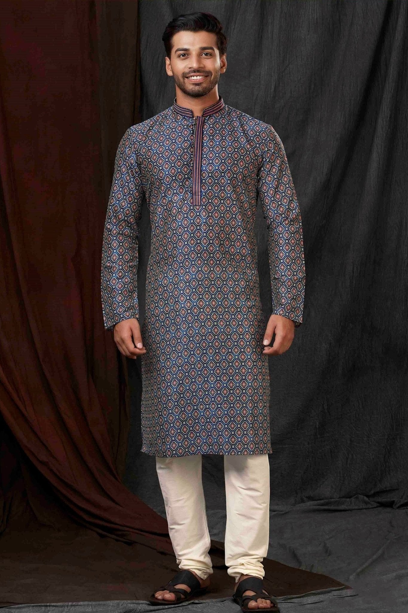 Navy Blue Art Silk Kurta Pyjama Set for Men with Geometric Brocade Pattern - Mangaldeep NX