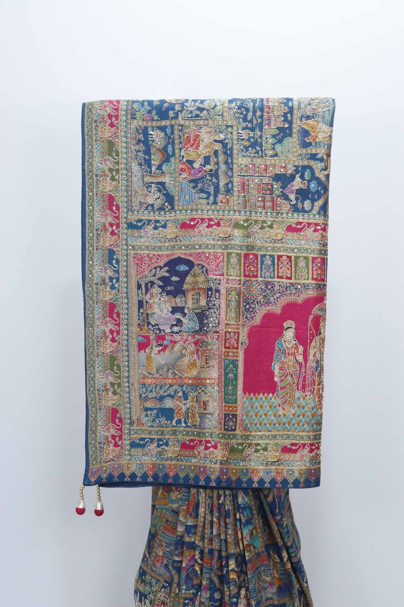 Navy Blue Bandhani Saree with Multicolor Pichwai Print Pallu - Mangaldeep NX