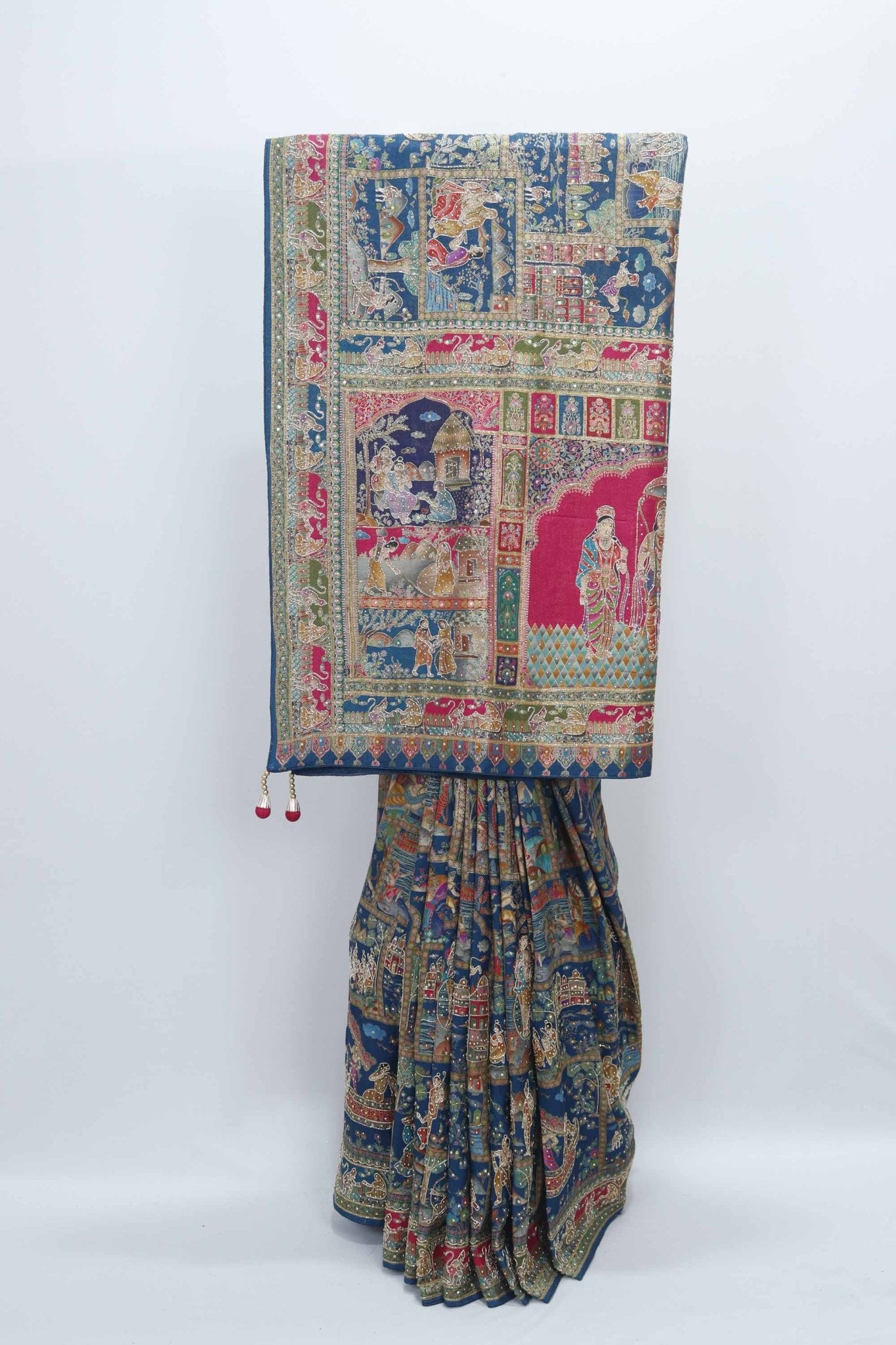 Navy Blue Bandhani Saree with Multicolor Pichwai Print Pallu - Mangaldeep NX