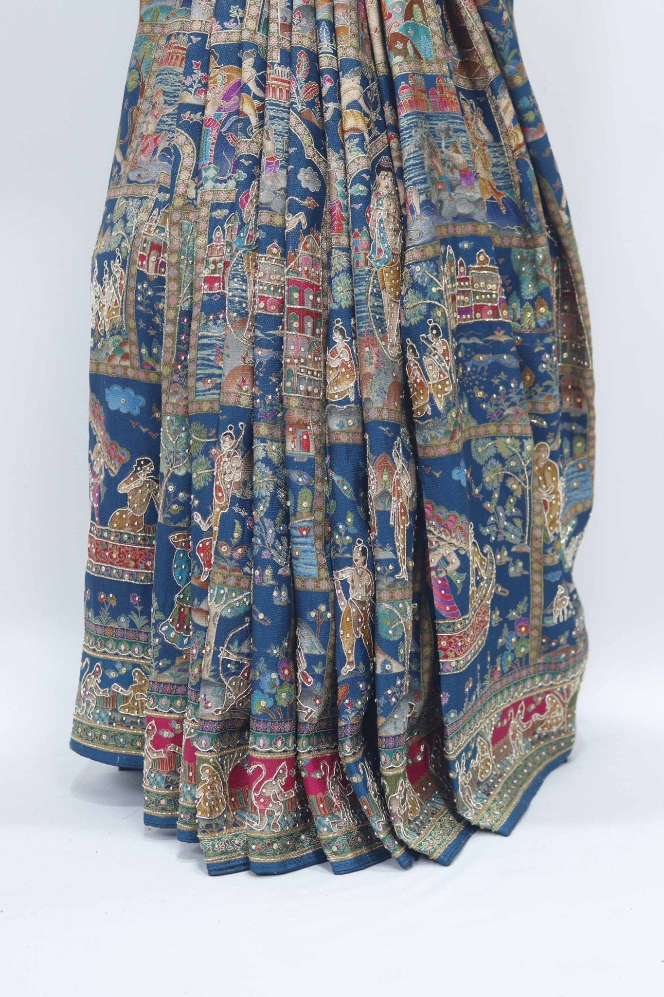 Navy Blue Bandhani Saree with Multicolor Pichwai Print Pallu - Mangaldeep NX