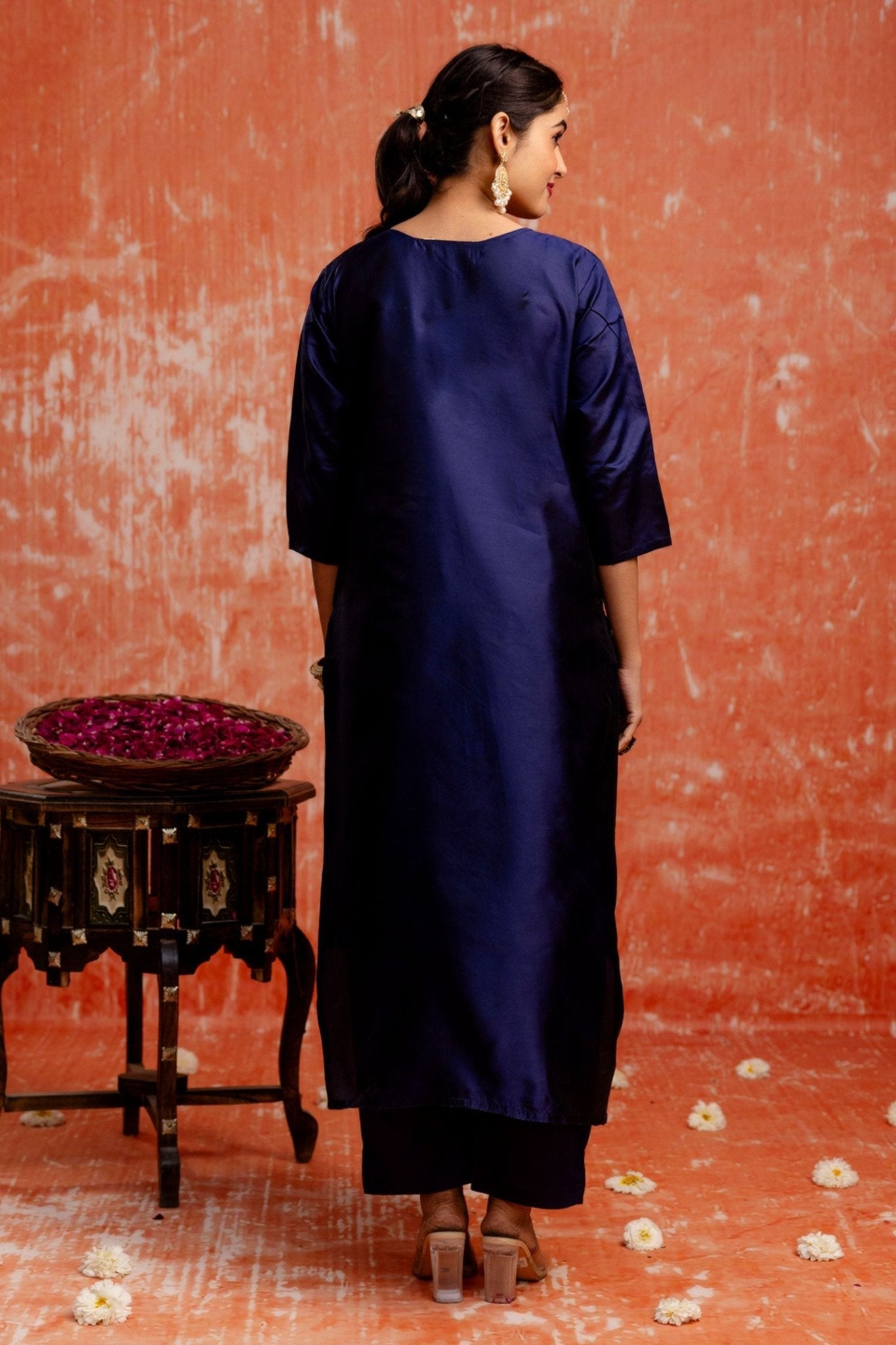 Navy Blue Cotton Blend Embroidered Straight Suit Set with Zari Work - Mangaldeep NX