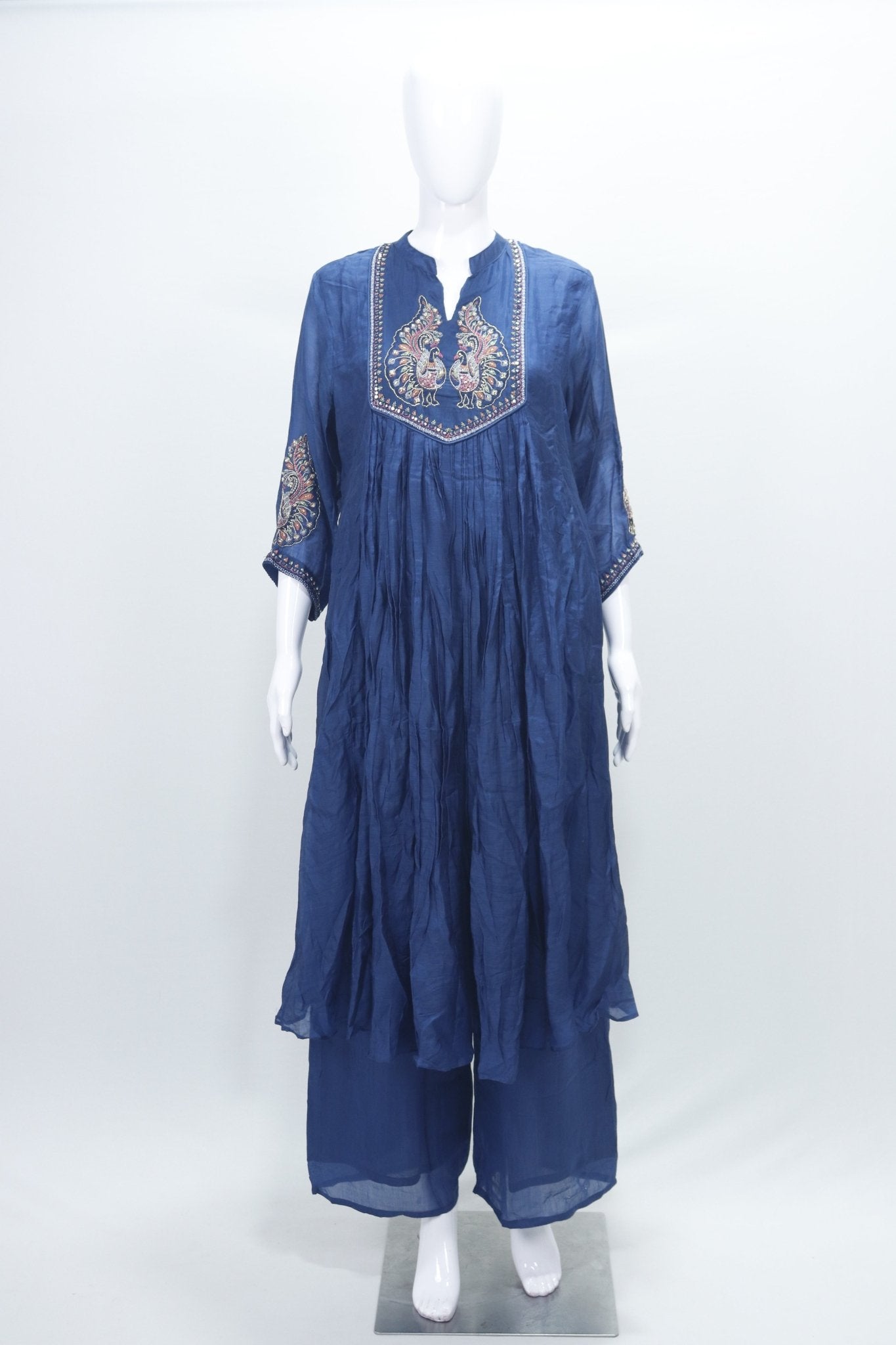 Navy Blue Cotton Kurta Set with Embroidered Peacocks & Dupatta Ethnic Festive Wear for Women - Mangaldeep NX