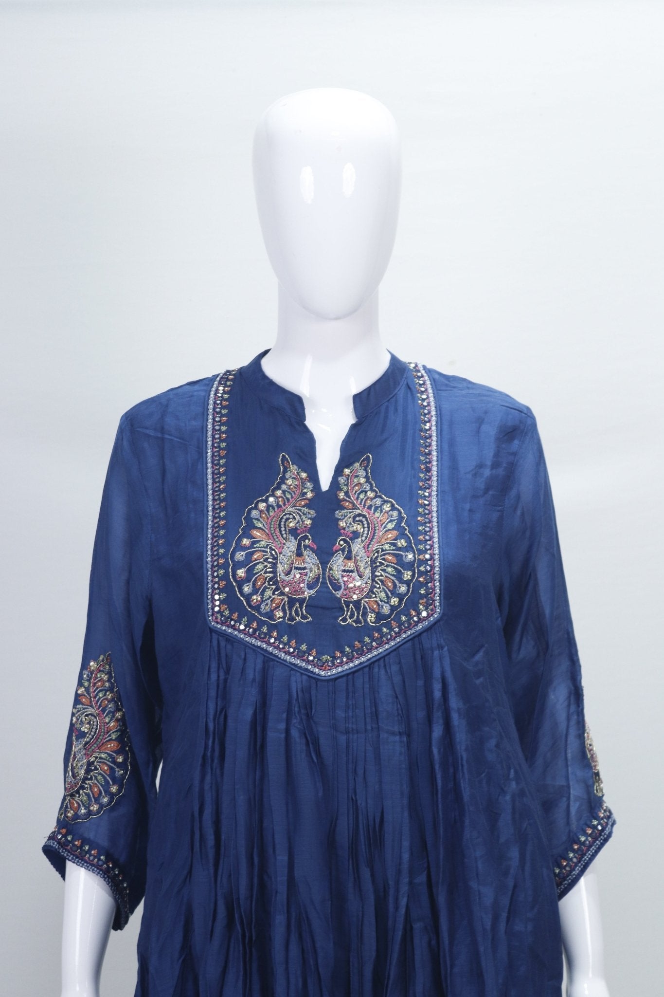 Navy Blue Cotton Kurta Set with Embroidered Peacocks & Dupatta Ethnic Festive Wear for Women - Mangaldeep NX
