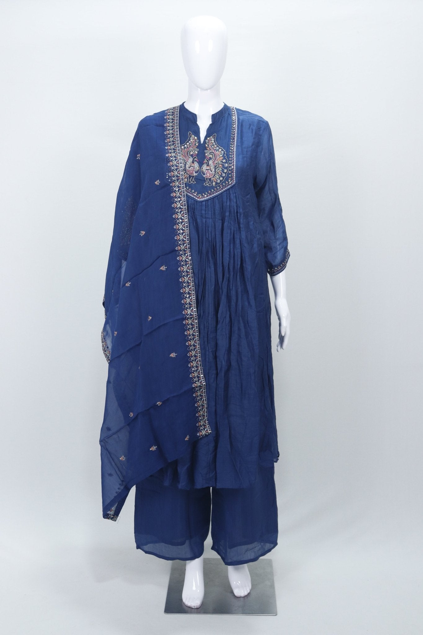 Navy Blue Cotton Kurta Set with Embroidered Peacocks & Dupatta Ethnic Festive Wear for Women - Mangaldeep NX