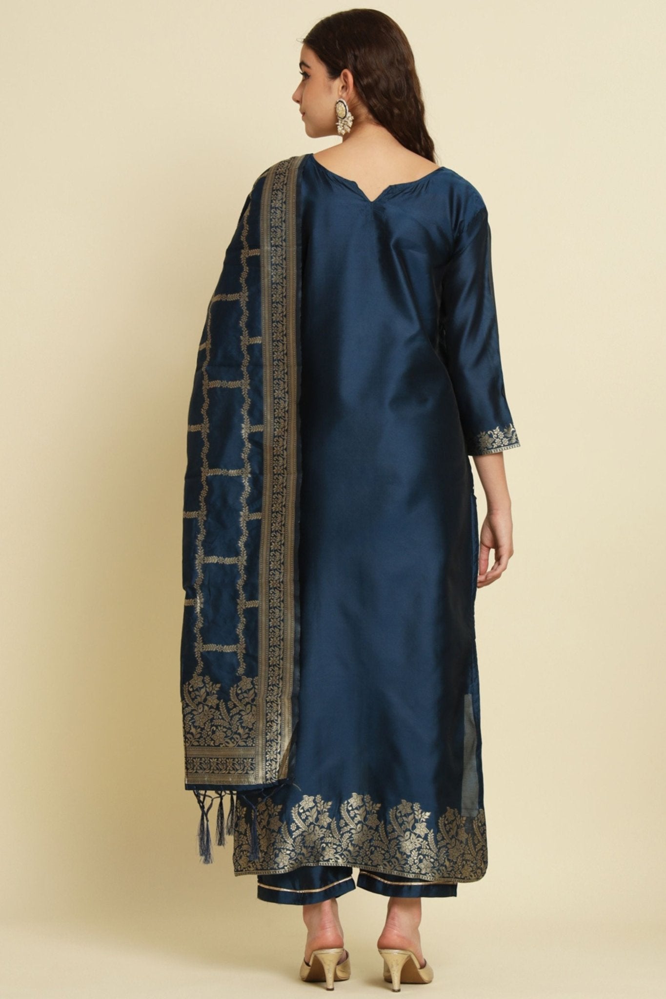 Navy Blue Cotton Silk Jacquard Salwar Suit with Zari Woven Dupatta - Mangaldeep NX