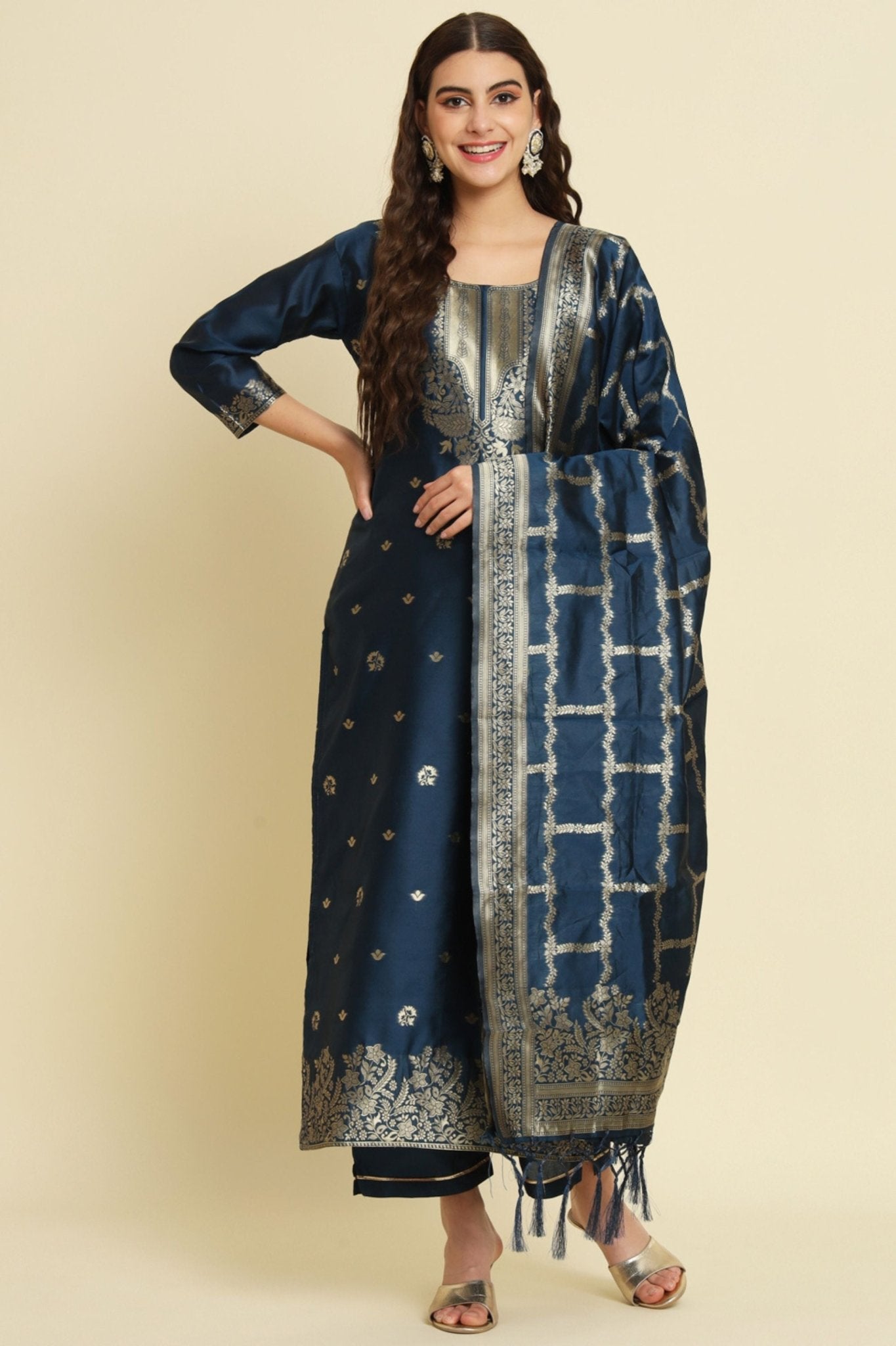 Navy Blue Cotton Silk Jacquard Salwar Suit with Zari Woven Dupatta - Mangaldeep NX
