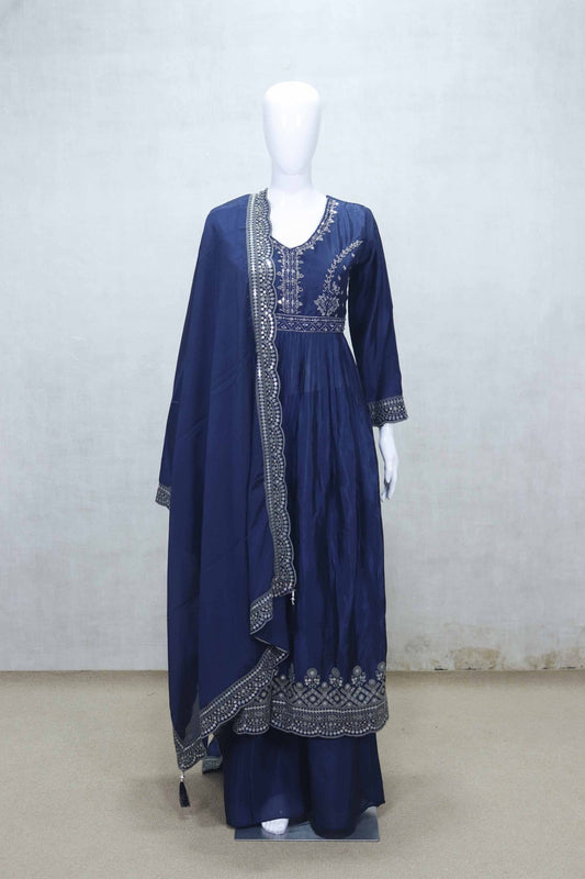 Navy Blue Embroidered Anarkali Suit Set with Palazzo Pants and Dupatta - Mangaldeep NX