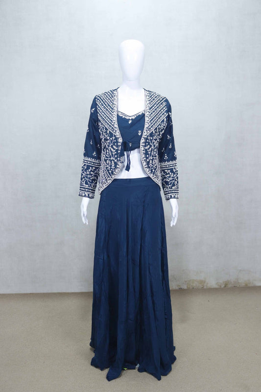 Navy Blue Embroidered Crop Top and Flared Skirt Set with Long Jacket - Mangaldeep NX