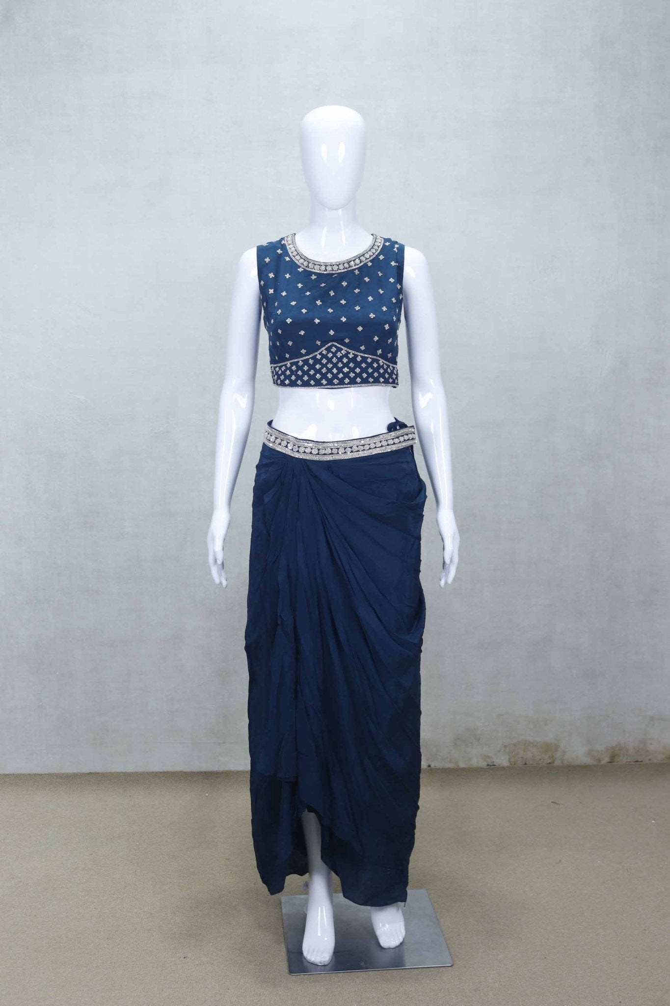 Navy Blue Embroidered Draped Saree Gown with Mirror Work Crop Top and Dupatta - Mangaldeep NX