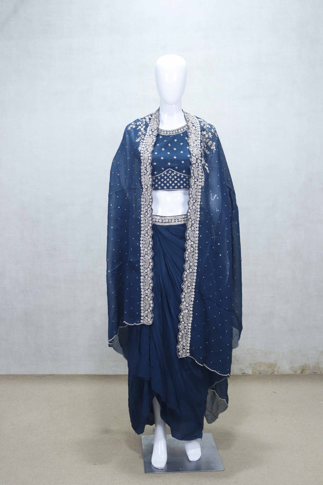 Navy Blue Embroidered Draped Saree Gown with Mirror Work Crop Top and Dupatta - Mangaldeep NX