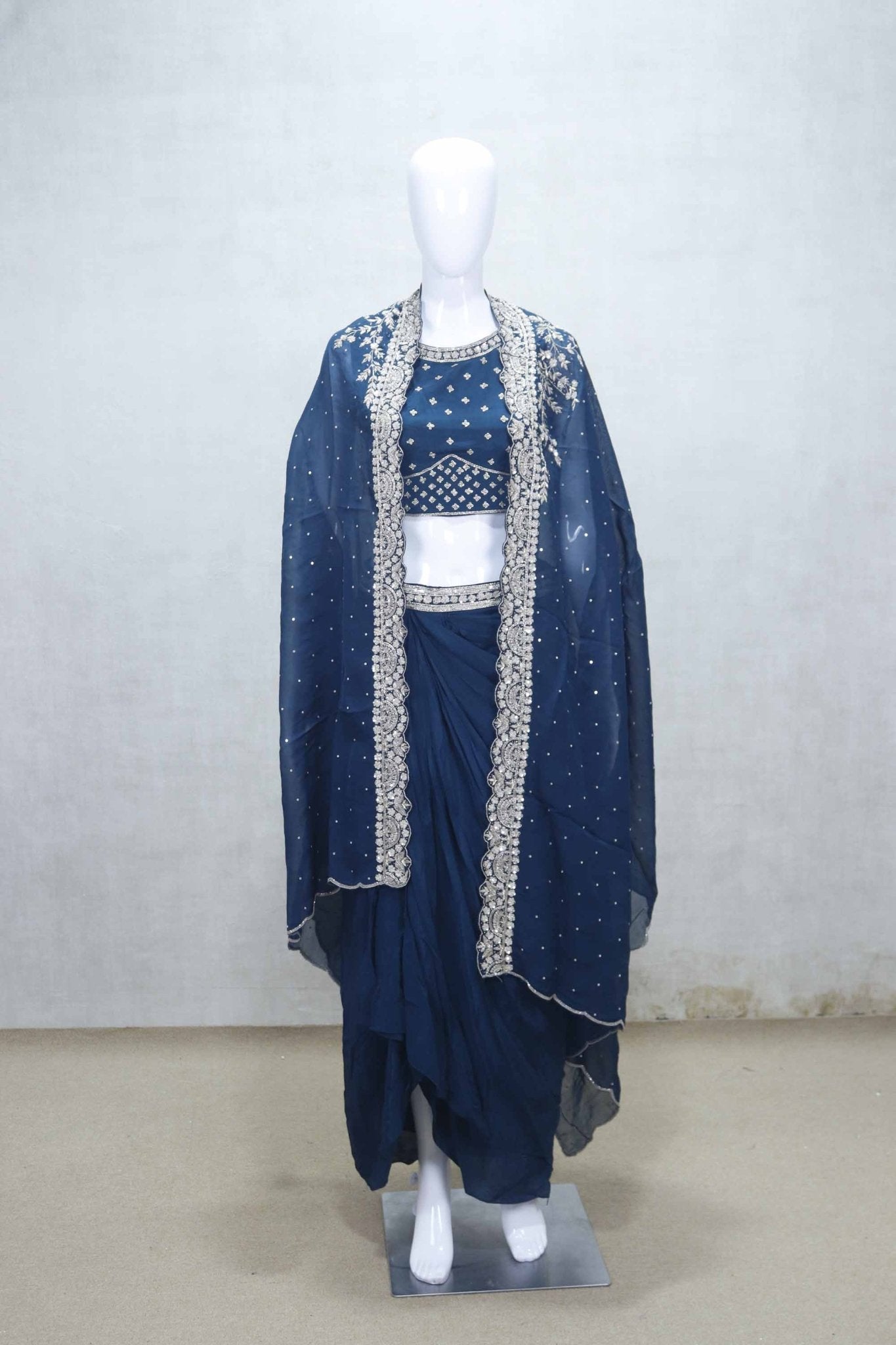 Navy Blue Embroidered Draped Saree Gown with Mirror Work Crop Top and Dupatta - Mangaldeep NX
