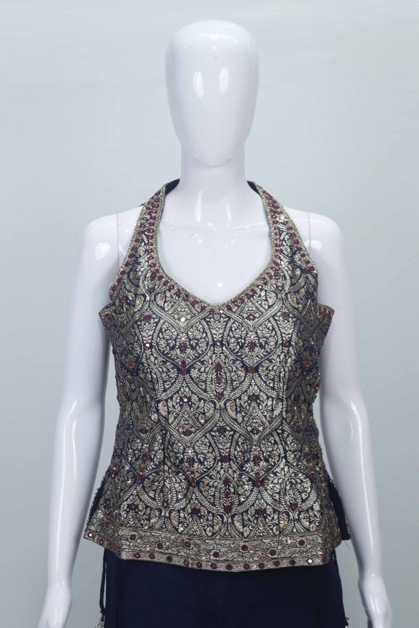 Navy Blue Embroidered Halter Neck Top with Flowy Palazzo Pants Set - Mangaldeep NX