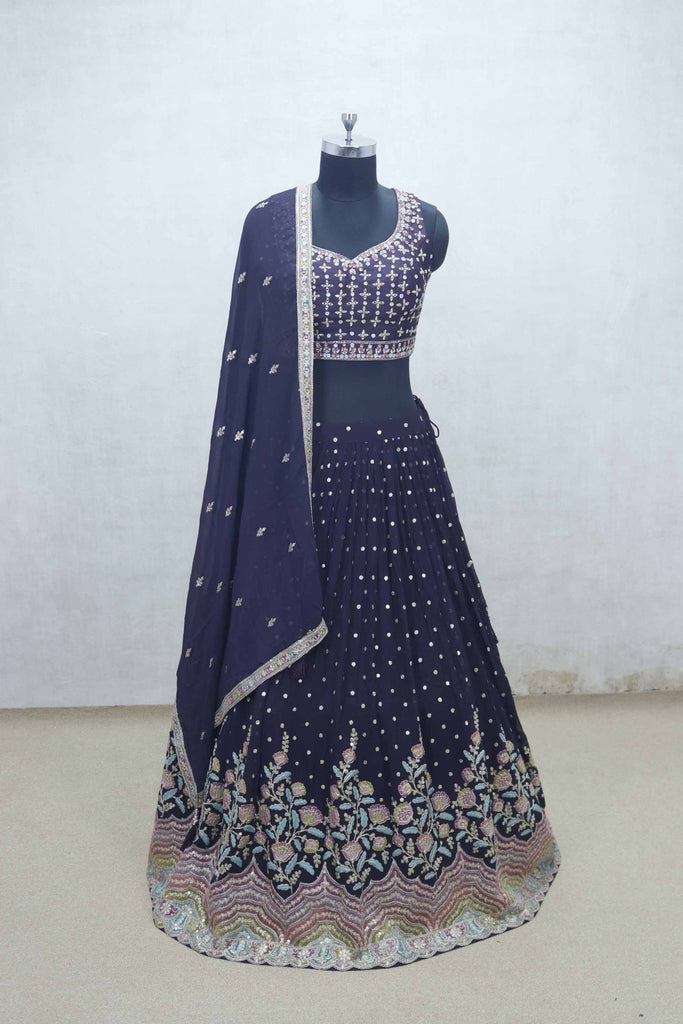 Navy Blue Embroidered Lehenga Choli with Mirror Work Blouse and Floral Zari Border Dupatta - Mangaldeep NX
