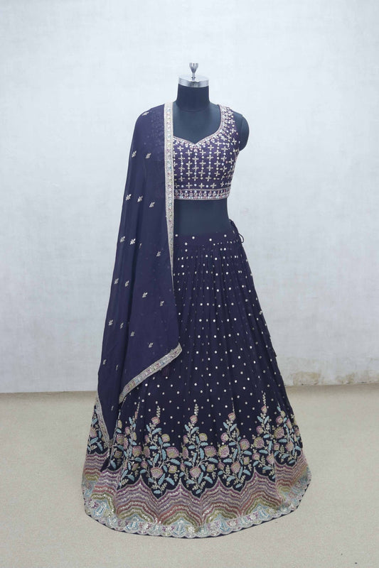 Navy Blue Embroidered Lehenga Choli with Mirror Work Blouse and Floral Zari Border Dupatta - Mangaldeep NX