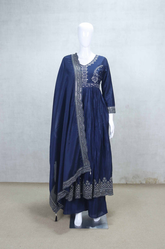 Navy Blue Embroidered Readymade Anarkali Suit with Palazzo and Dupatta - Mangaldeep NX