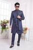 Navy Blue Embroidered Silk Indo - Western Sherwani Set for Men with Leaf Motif Detailing and Kurta Pants - Mangaldeep NX