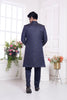 Navy Blue Embroidered Silk Indo - Western Sherwani Set for Men with Leaf Motif Detailing and Kurta Pants - Mangaldeep NX