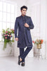 Navy Blue Embroidered Silk Indo - Western Sherwani Set for Men with Leaf Motif Detailing and Kurta Pants - Mangaldeep NX
