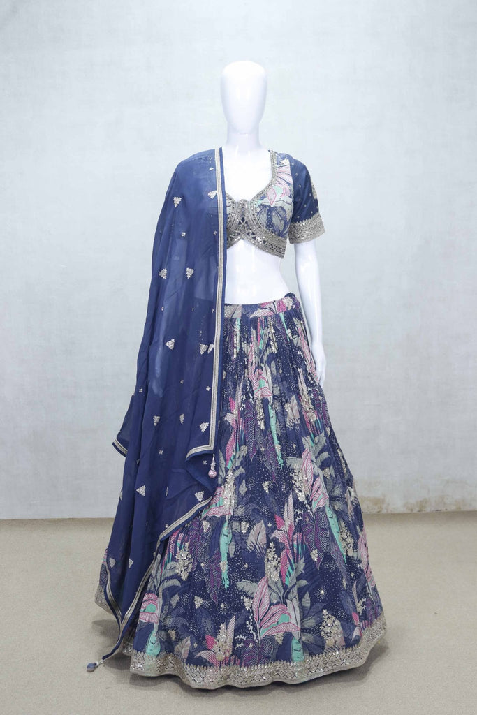 Navy Blue Floral Embroidered Lehenga Choli Set with Mirror Work and Net Dupatta - Mangaldeep NX