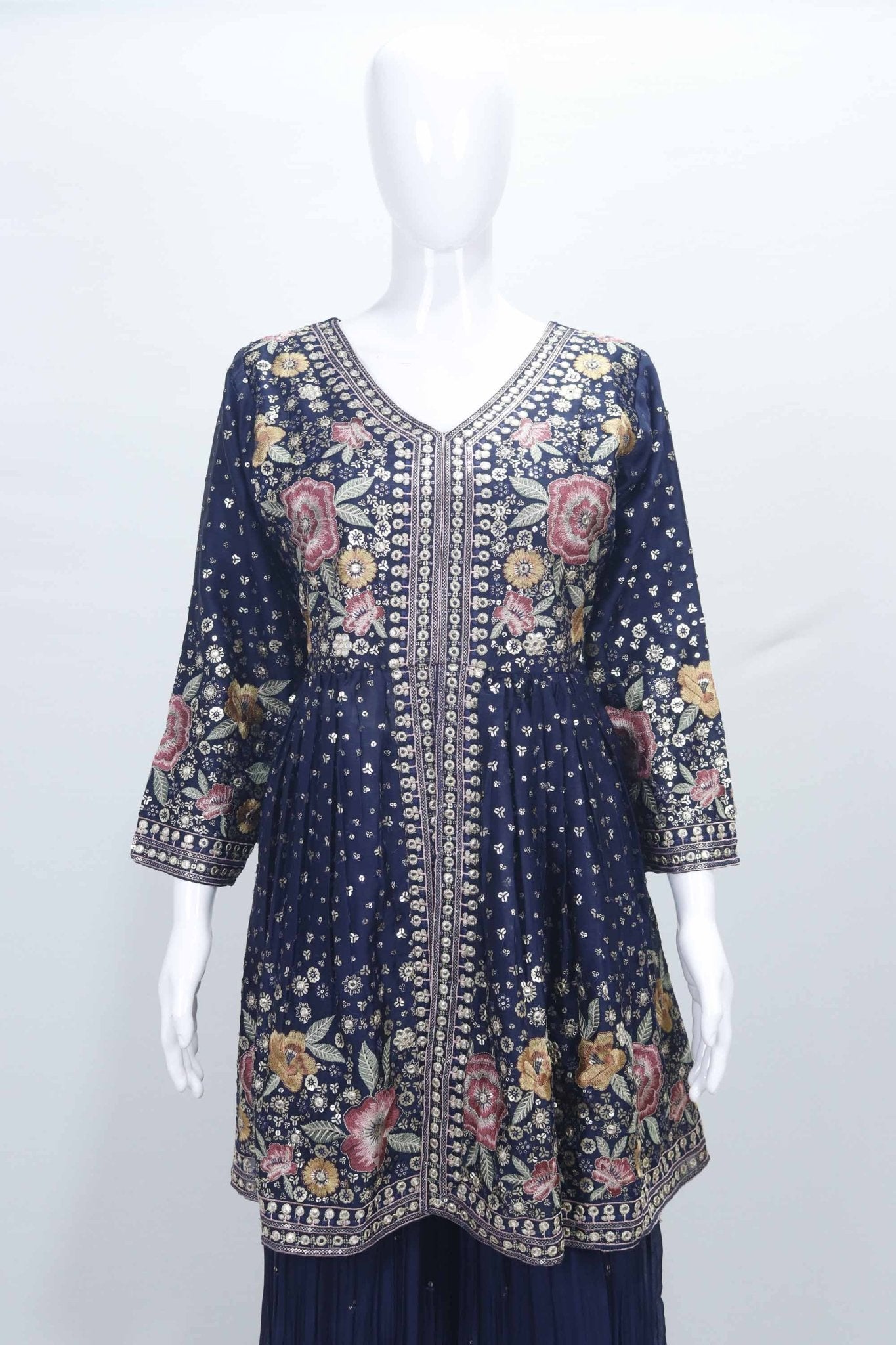Navy Blue Floral Mirror Work Sharara Suit Set with Embroidered Kurta and Dupatta - Mangaldeep NX