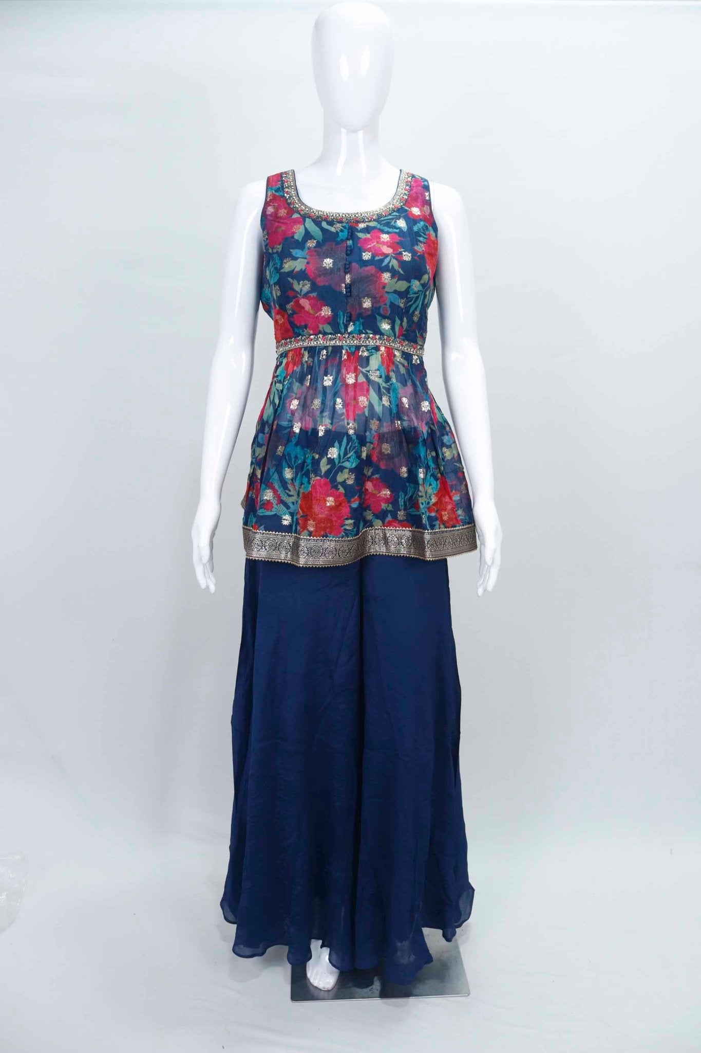 Navy Blue Floral Sleeveless Peplum Kurta Set with Palazzo and Dupatta for Women - Mangaldeep NX