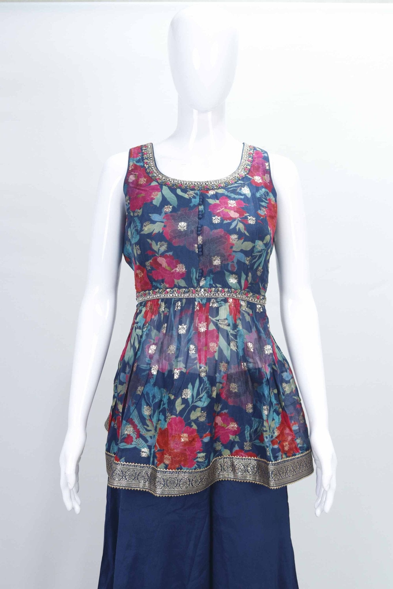Navy Blue Floral Sleeveless Peplum Kurta Set with Palazzo and Dupatta for Women - Mangaldeep NX