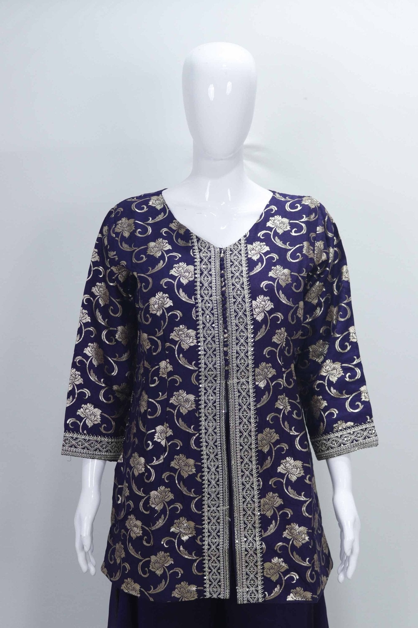 Navy Blue Foil Printed Kurta Palazzo Set with Zari Embroidery and Matching Dupatta - Mangaldeep NX