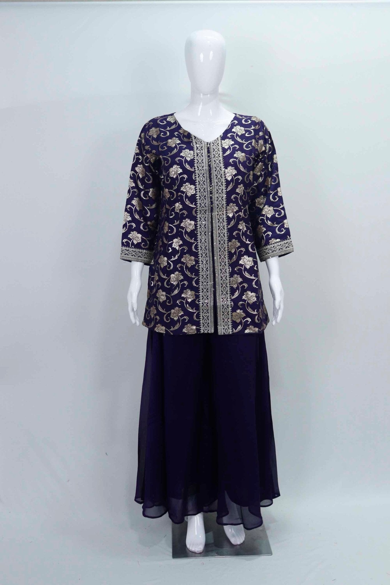 Navy Blue Foil Printed Kurta Palazzo Set with Zari Embroidery and Matching Dupatta - Mangaldeep NX