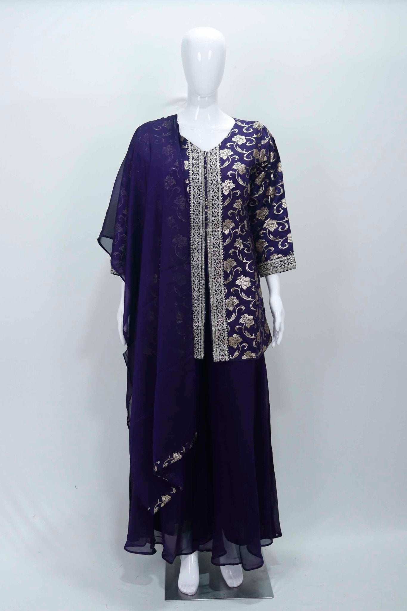 Navy Blue Foil Printed Kurta Palazzo Set with Zari Embroidery and Matching Dupatta - Mangaldeep NX