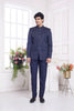 Navy Blue Indo - Western Suit with Textured Bandhgala Jacket and Straight Pants - Mangaldeep NX