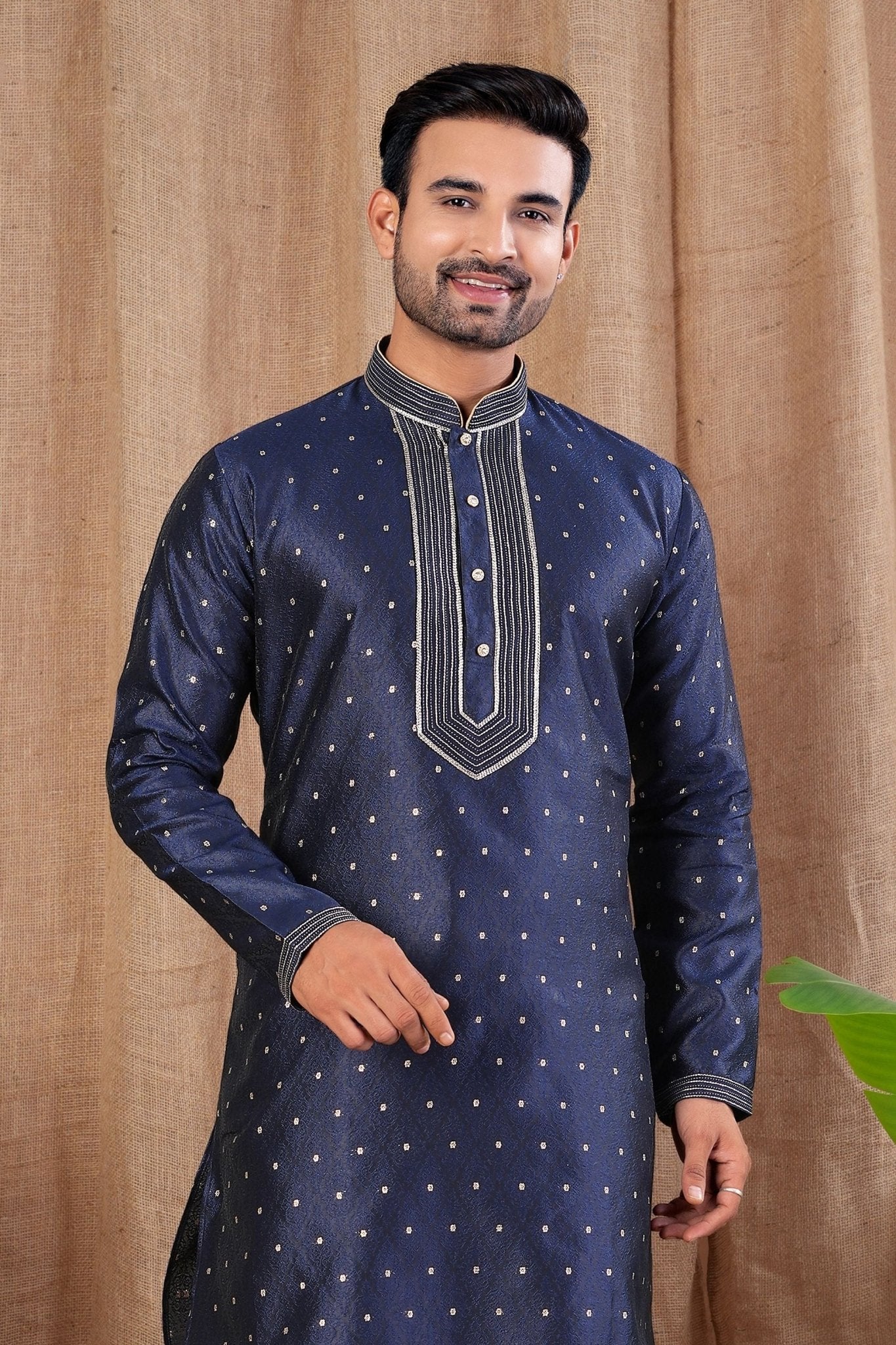 Navy Blue Polka Dot Art Silk Kurta for Men with Beige Pyjama - Mangaldeep NX