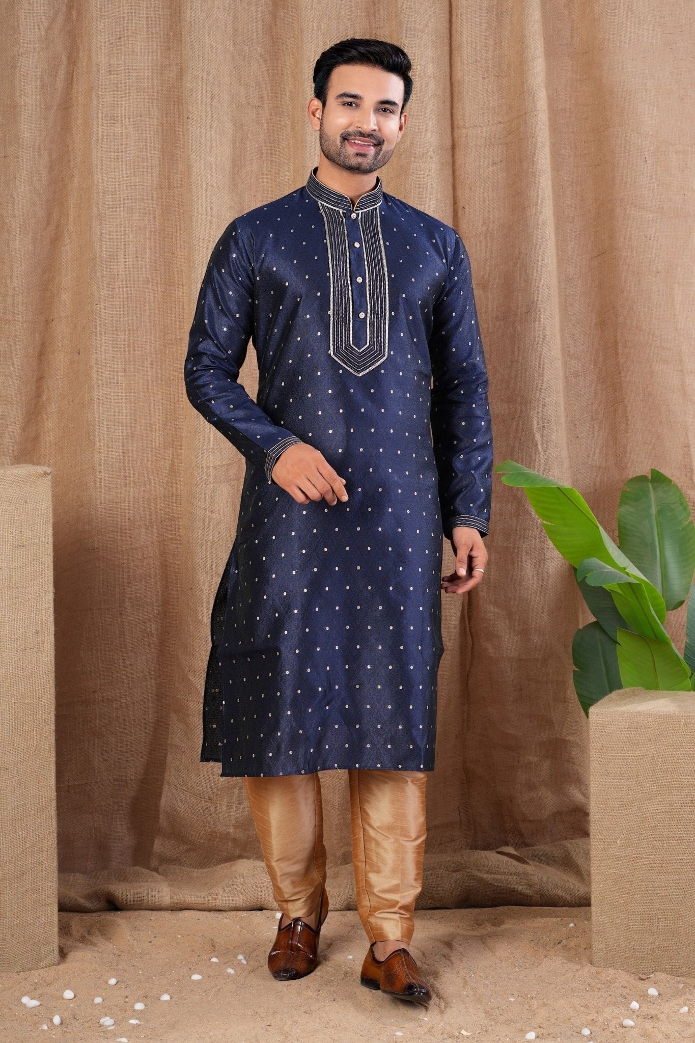 Navy Blue Polka Dot Art Silk Kurta for Men with Beige Pyjama - Mangaldeep NX