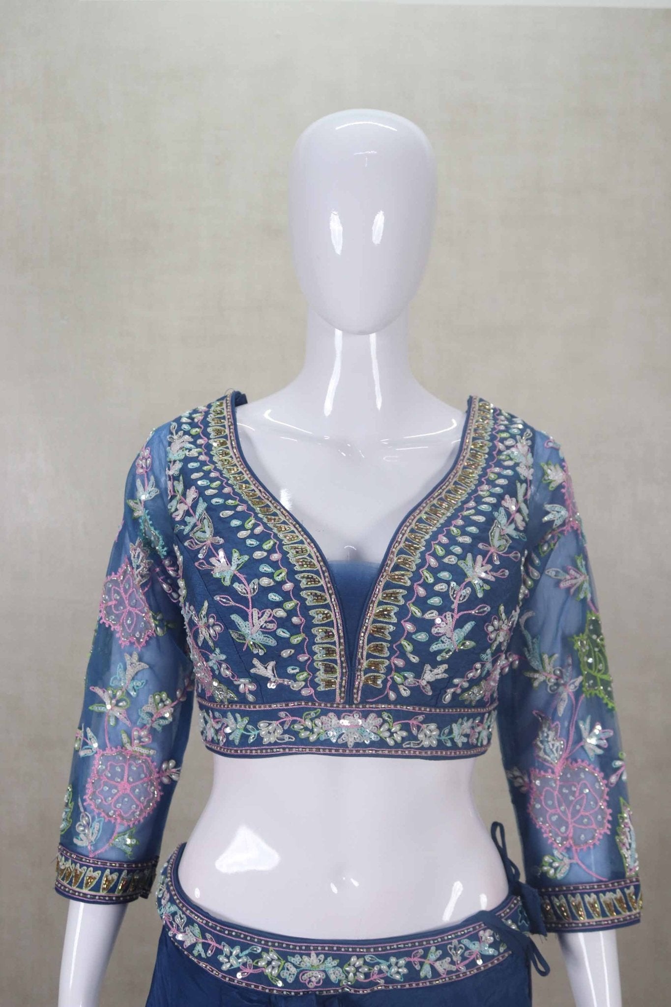 Navy Blue Pre - Draped Designer Lehenga with Embroidered Floral Net Blouse - Mangaldeep NX