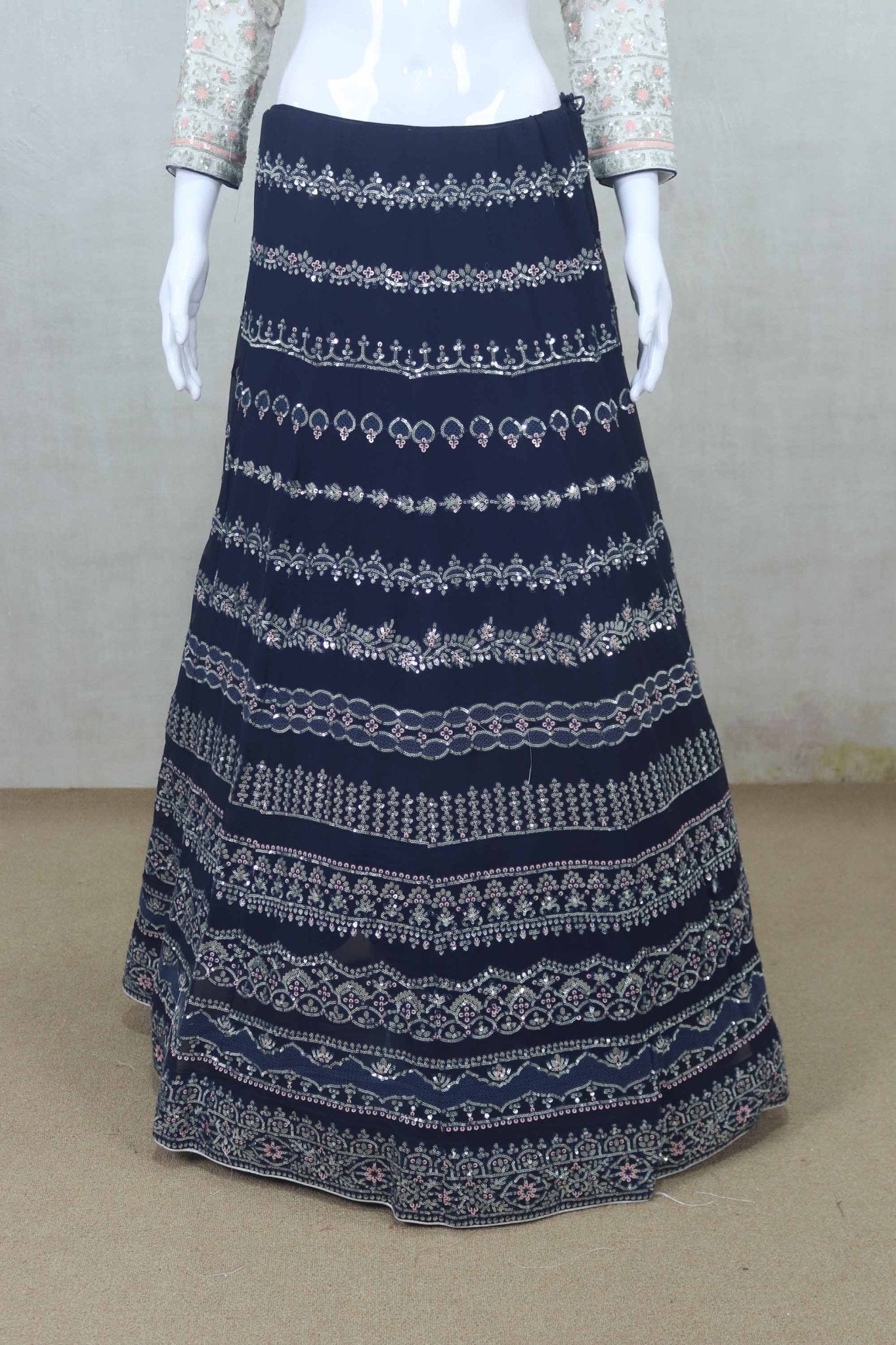 Navy Blue Printed Lehenga Choli with Orange Dupatta - Mangaldeep NX