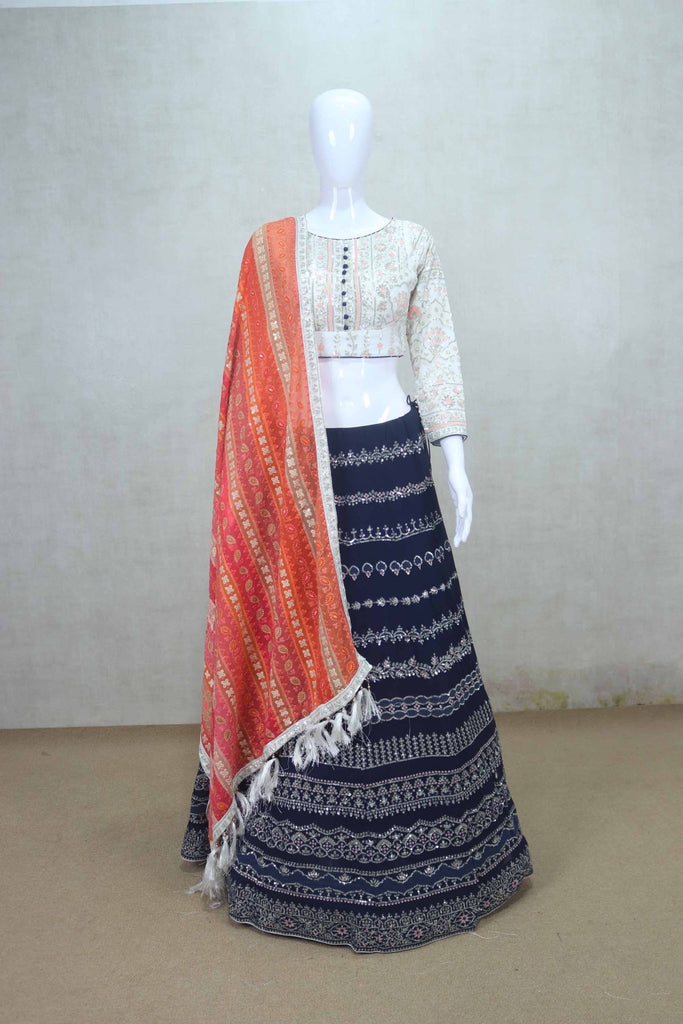 Navy Blue Printed Lehenga Choli with Orange Dupatta - Mangaldeep NX