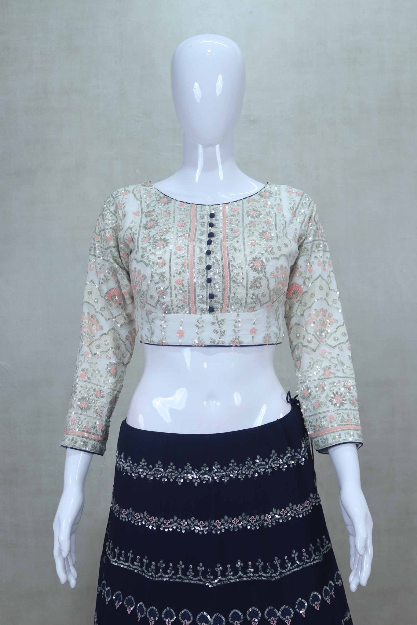 Navy Blue Printed Lehenga Choli with Orange Dupatta - Mangaldeep NX