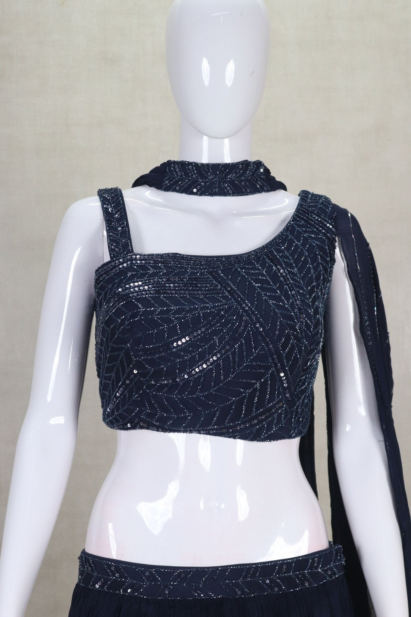 Navy Blue Sequin Embellished Crop Top Lehenga Choli with Dupatta - Mangaldeep NX