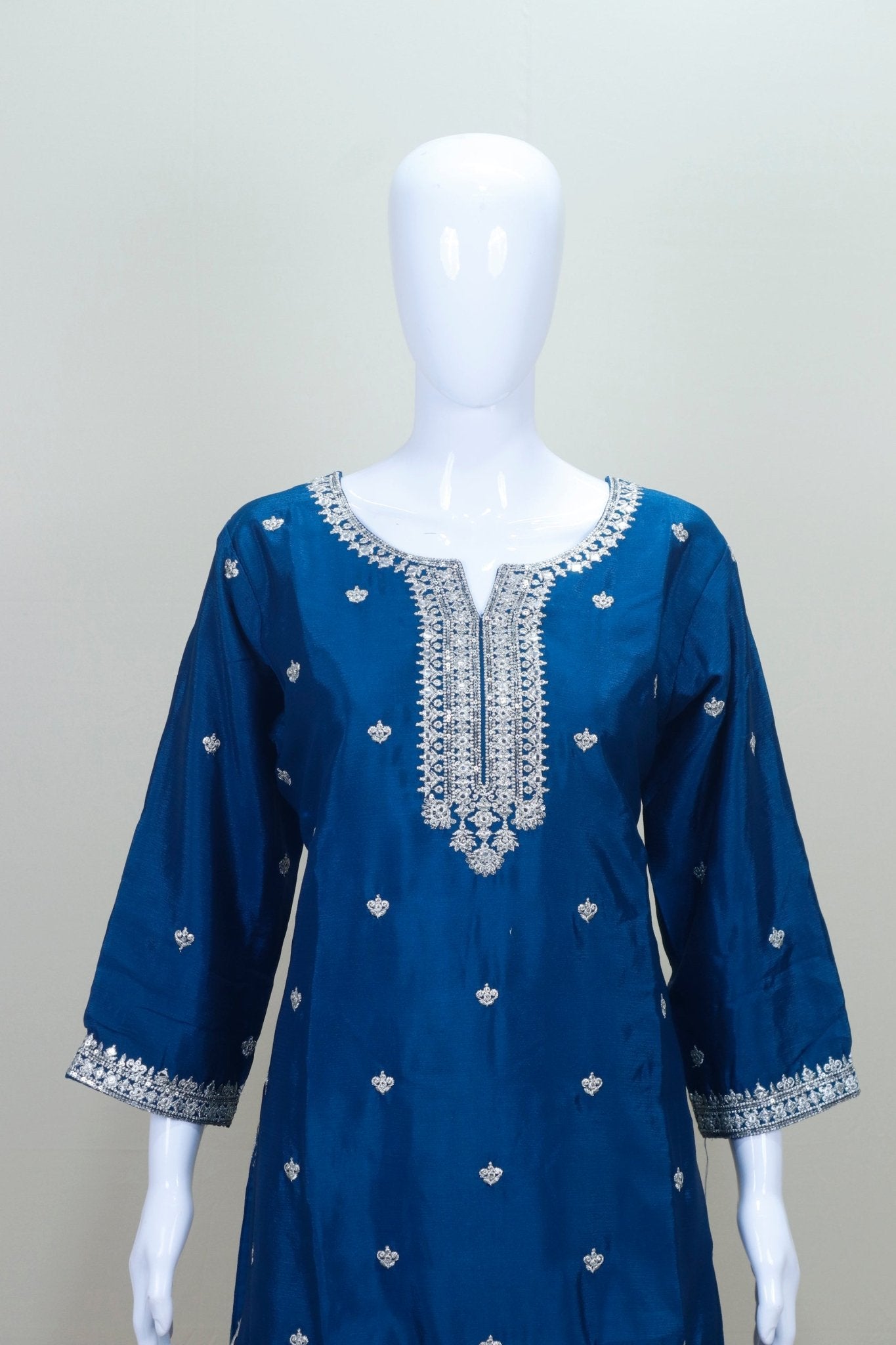 Navy Blue Sharara Suit Set with Heavy Silver Embroidery Dupatta - Mangaldeep NX