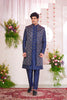 Navy Blue Silk Kurta Set with Geometric Embroidered Indo - Western Jacket for Men - Mangaldeep NX