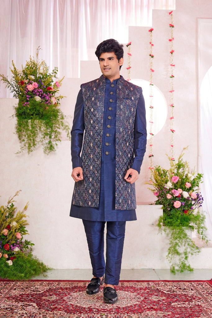Navy Blue Silk Kurta Set with Geometric Embroidered Indo - Western Jacket for Men - Mangaldeep NX